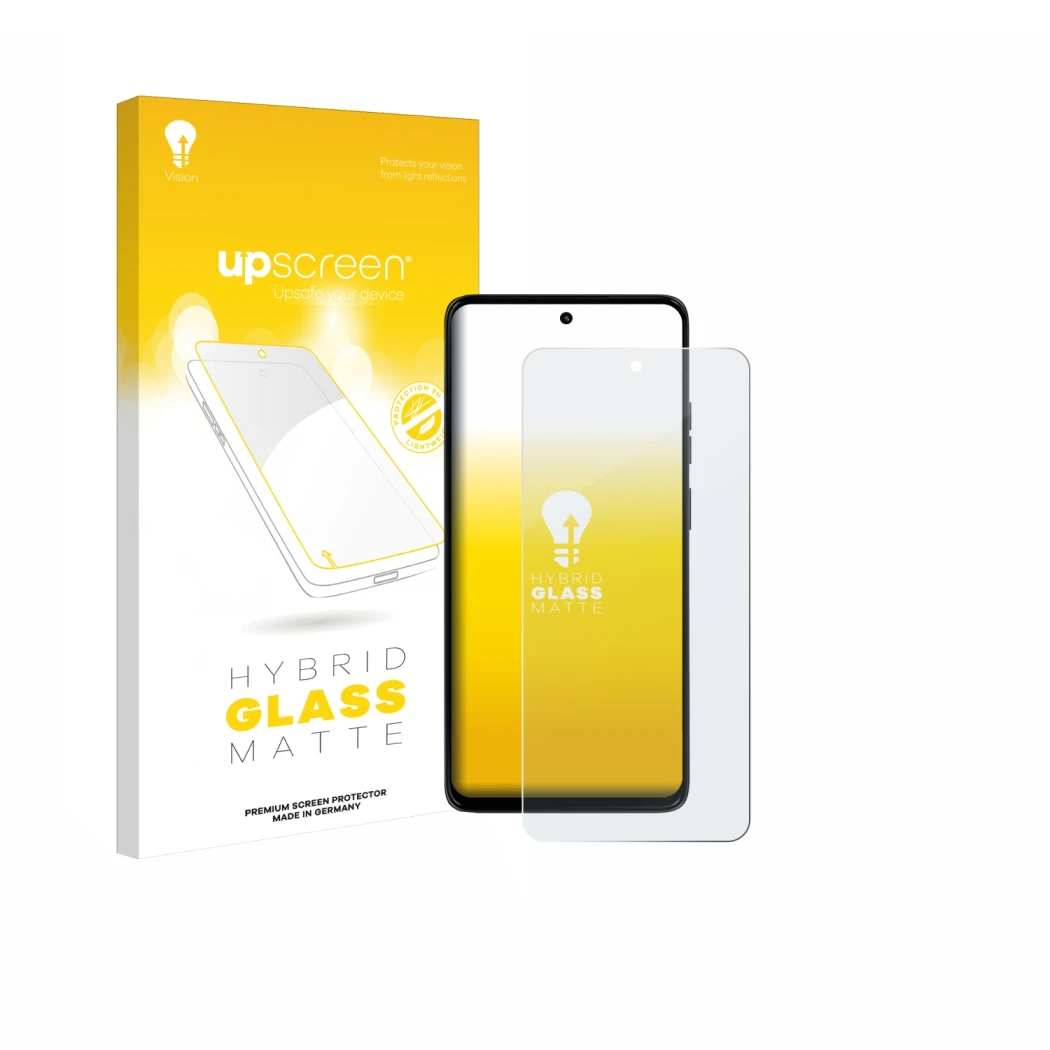 Vorderseite einer Produktverpackung mit dem Markenlogo upscreen. Daneben ist das Gerät Motorola Moto G56 mit dem zugehörigen D