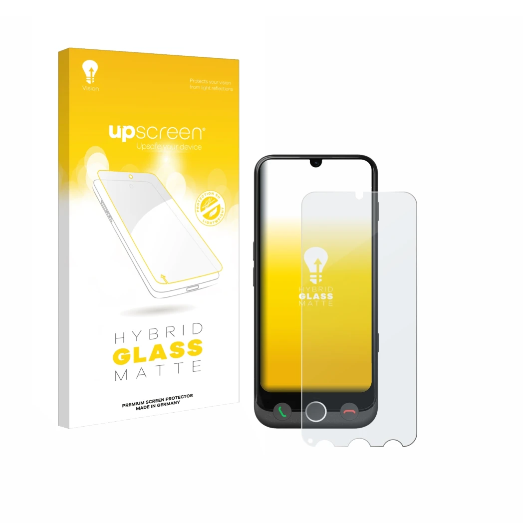 Vorderseite einer Produktverpackung mit dem Markenlogo upscreen. Daneben ist das Gerät Doro Aurora A30 mit dem zugehörigen Dis