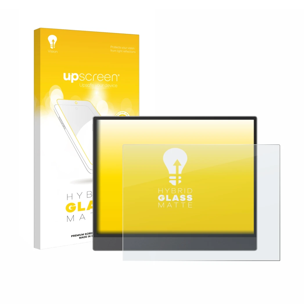 Vorderseite einer Produktverpackung mit dem Markenlogo upscreen. Daneben ist das Gerät Boox Tab X C mit dem zugehörigen Displa