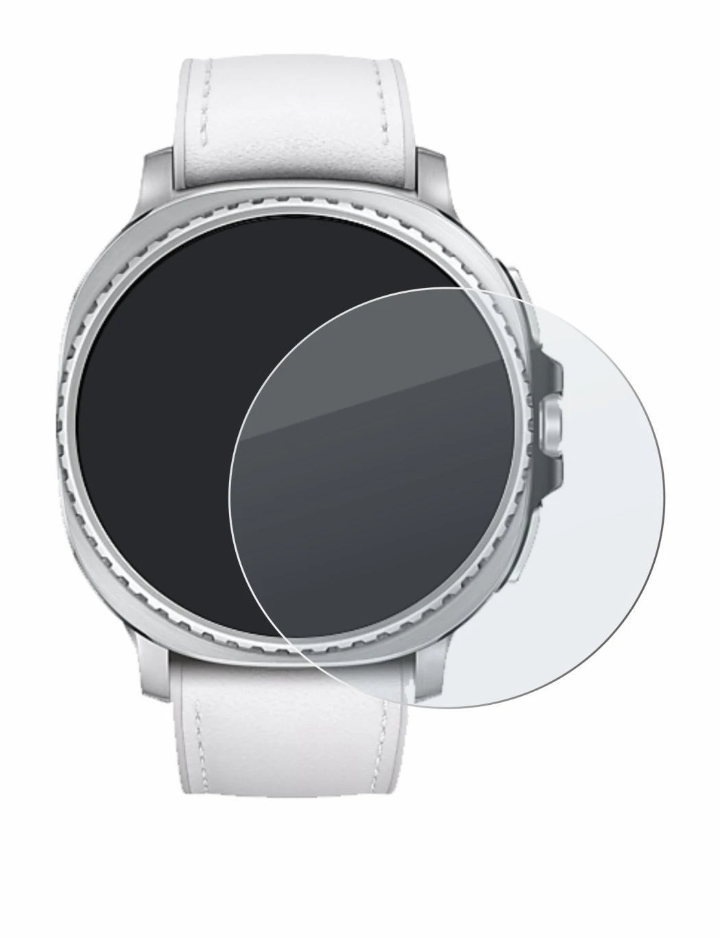 Abbildung des Geräts Samsung Galaxy Watch 8 Classic (46 mm) mit einer Vielzahl des Displayschutzes.