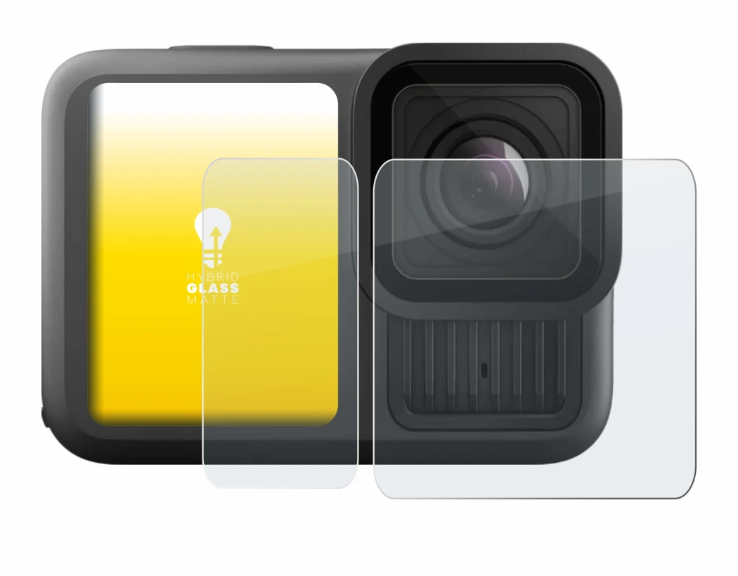 Abbildung des Geräts GoPro Hero 13 Black Ultra Wide Edition mit einer Vielzahl des Displayschutzes.