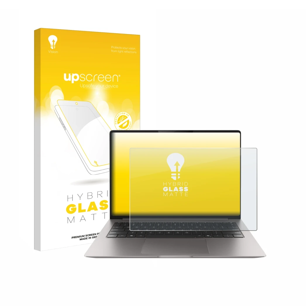 Vorderseite einer Produktverpackung mit dem Markenlogo upscreen. Daneben ist das Gerät Honor MagicBook Pro 14 mit dem zugehöri