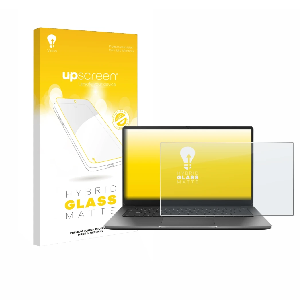 Vorderseite einer Produktverpackung mit dem Markenlogo upscreen. Daneben ist das Gerät ASUS Chromebook Plus CX14 mit dem zugeh