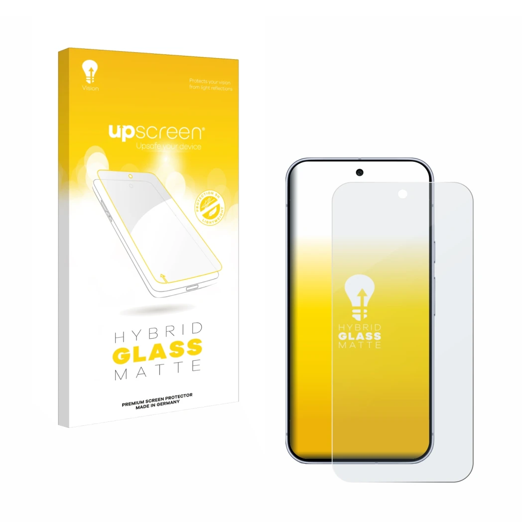 Vorderseite einer Produktverpackung mit dem Markenlogo upscreen. Daneben ist das Gerät Google Pixel 10 Pro XL mit dem zugehöri