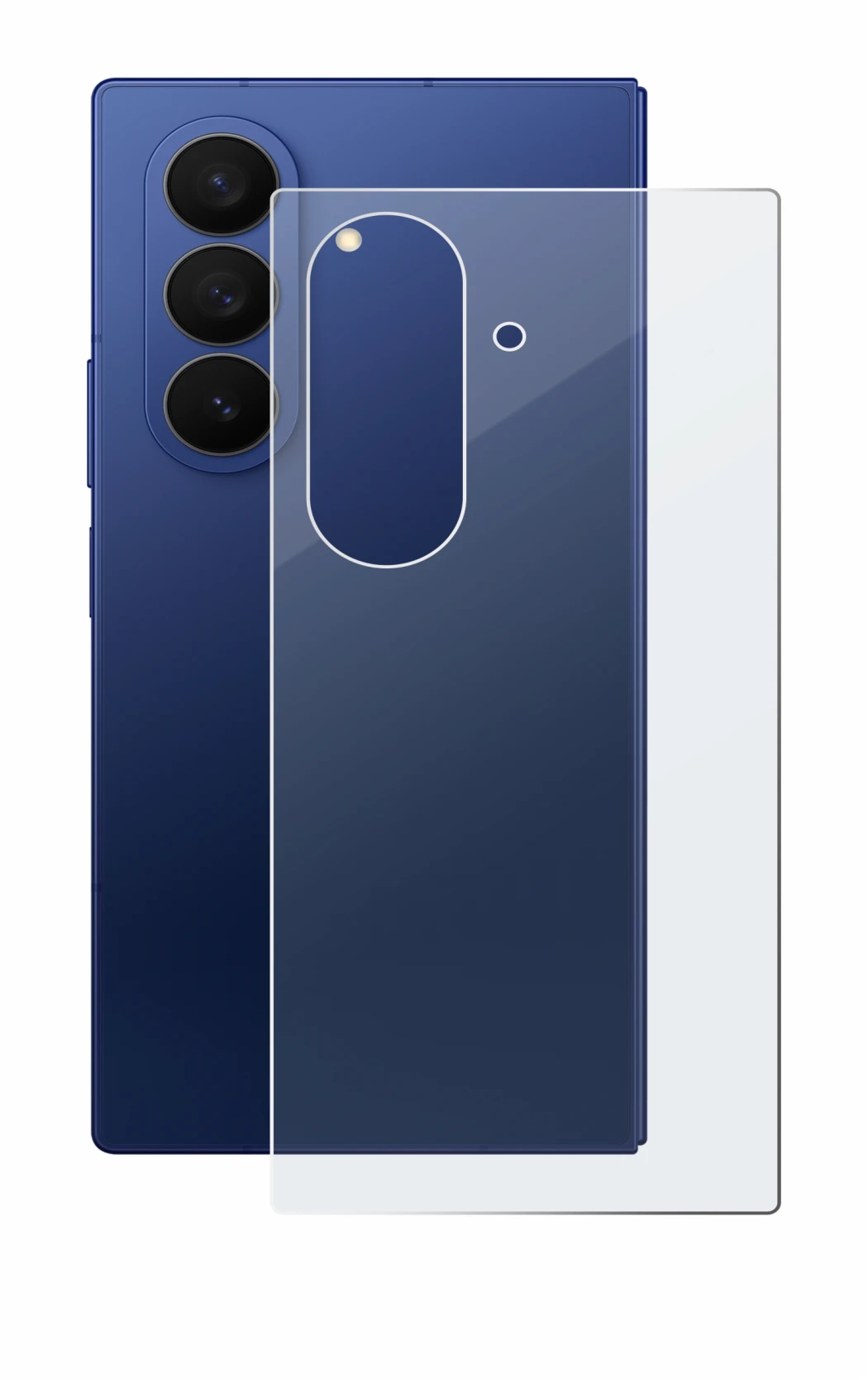 Abbildung des Geräts Samsung Galaxy Z Fold 7 (Rückseite) mit einer Vielzahl des Displayschutzes.
