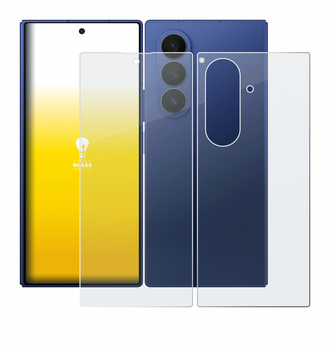 Abbildung des Geräts Samsung Galaxy Z Fold 7 (Display+Rückseite) mit einer Vielzahl des Displayschutzes.