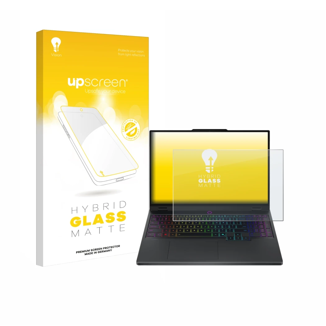 Vorderseite einer Produktverpackung mit dem Markenlogo upscreen. Daneben ist das Gerät Lenovo Legion 5 15IRX10 83LY mit dem zu