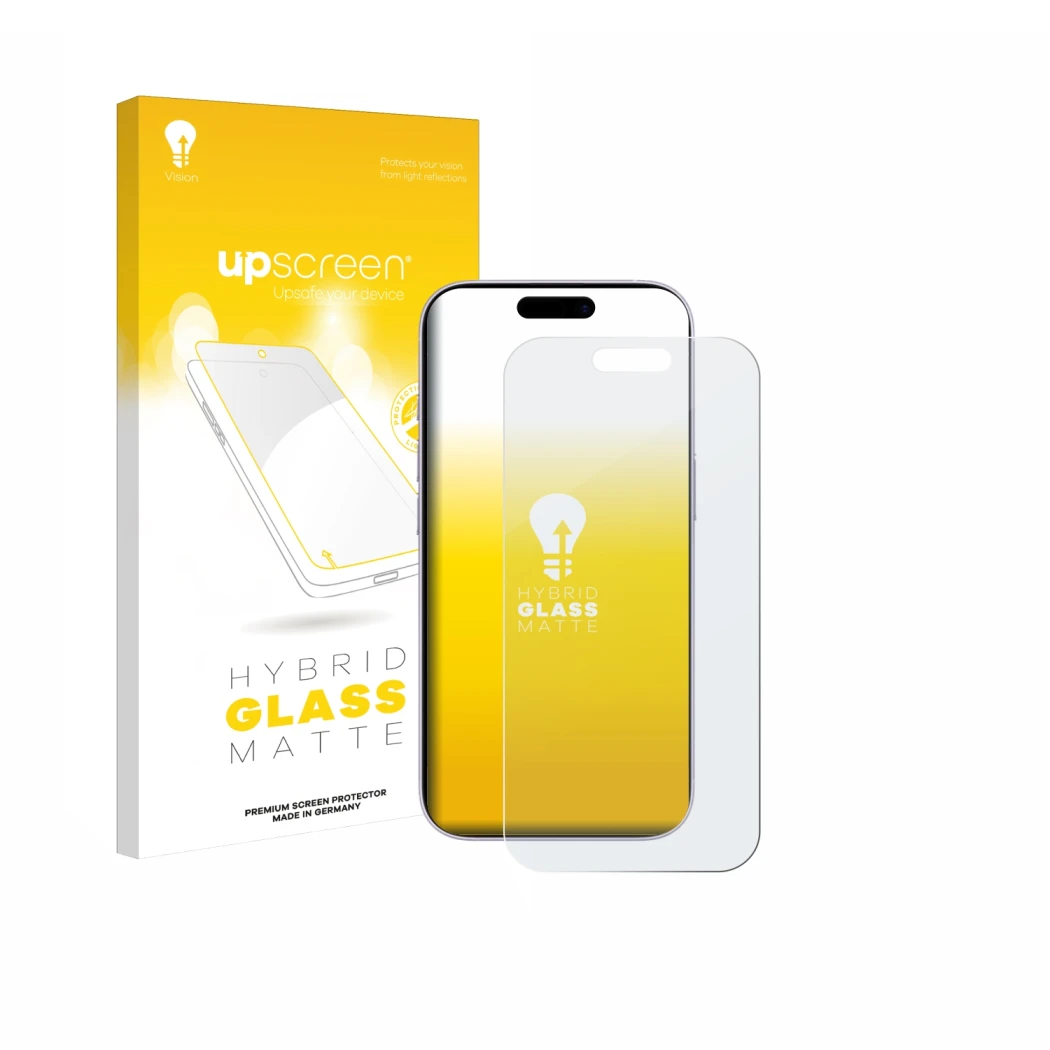 Vorderseite einer Produktverpackung mit dem Markenlogo upscreen. Daneben ist das Gerät Apple iPhone 17 mit dem zugehörigen Dis