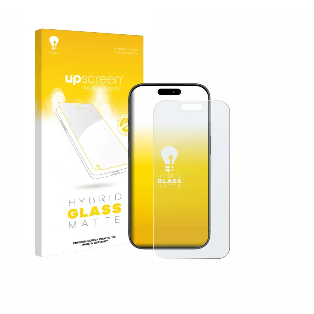 Vorderseite einer Produktverpackung mit dem Markenlogo upscreen. Daneben ist das Gerät Apple iPhone 17 Pro Max mit dem zugehör