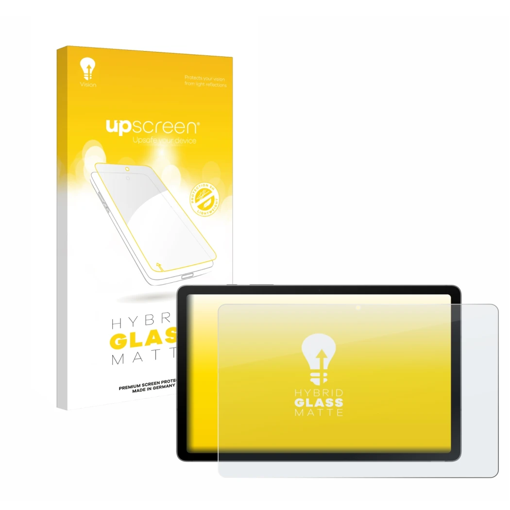 Vorderseite einer Produktverpackung mit dem Markenlogo upscreen. Daneben ist das Gerät Samsung Galaxy Tab S10 Lite mit dem zug