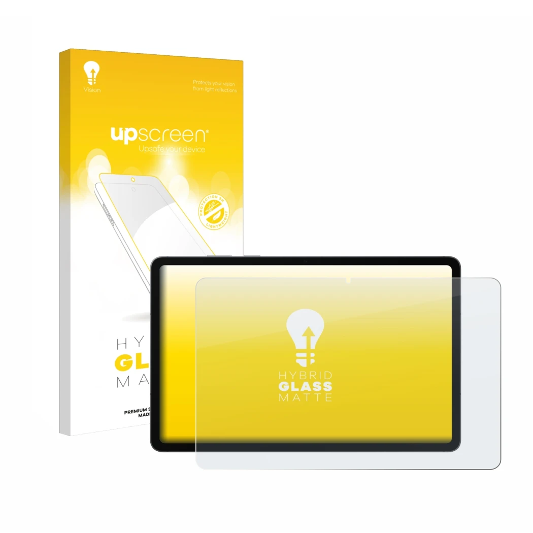 Vorderseite einer Produktverpackung mit dem Markenlogo upscreen. Daneben ist das Gerät Samsung Galaxy Tab S11 mit dem zugehöri