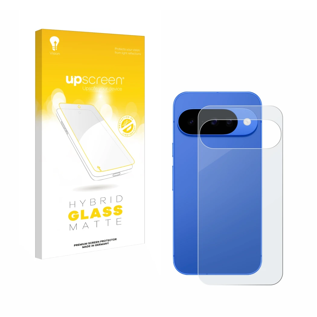 Vorderseite einer Produktverpackung mit dem Markenlogo upscreen. Daneben ist das Gerät Google Pixel 10 (Rückseite) mit dem zug