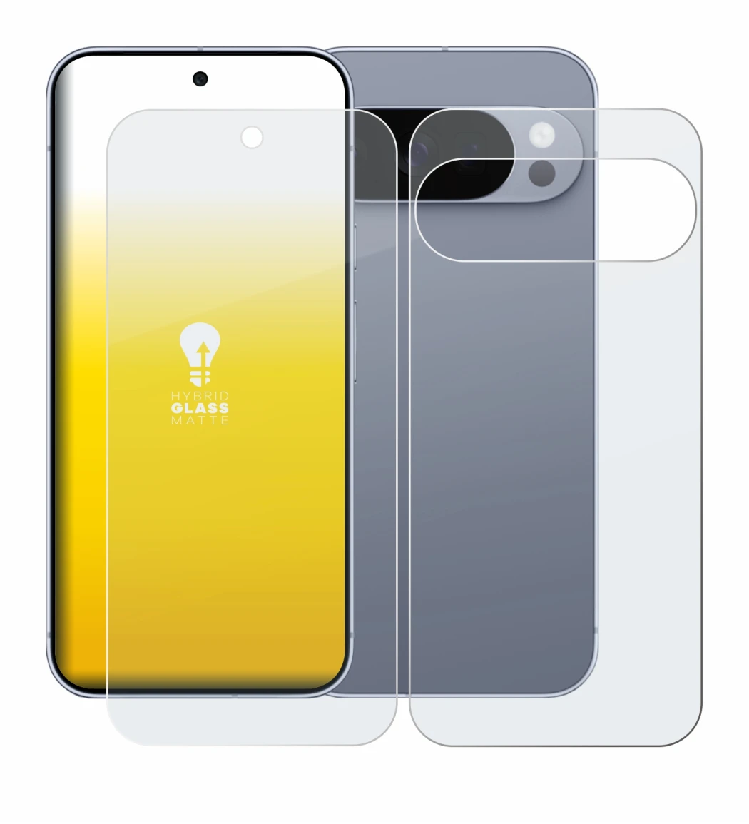 Abbildung des Geräts Google Pixel 10 Pro (Display+Rückseite) mit einer Vielzahl des Displayschutzes.