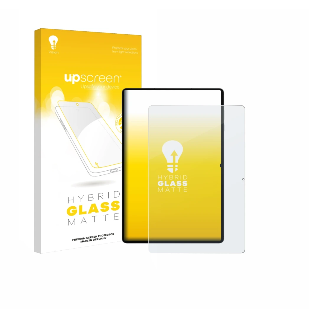 Vorderseite einer Produktverpackung mit dem Markenlogo upscreen. Daneben ist das Gerät Samsung Galaxy Tab S11 Ultra (Hochforma