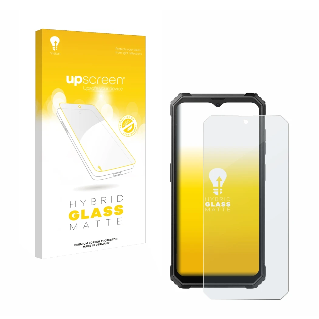 Vorderseite einer Produktverpackung mit dem Markenlogo upscreen. Daneben ist das Gerät Blackview BV4800 mit dem zugehörigen Di