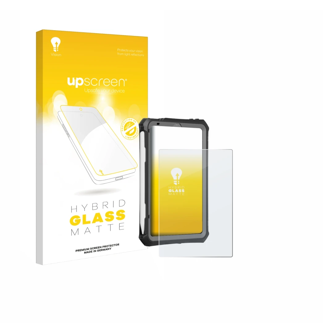 Vorderseite einer Produktverpackung mit dem Markenlogo upscreen. Daneben ist das Gerät Apple iPad Mini 7 2024 (case-friendly) 