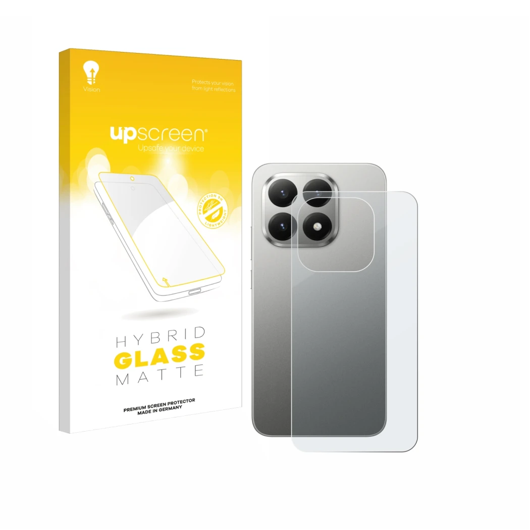 Vorderseite einer Produktverpackung mit dem Markenlogo upscreen. Daneben ist das Gerät Xiaomi 15T (Rückseite) mit dem zugehöri