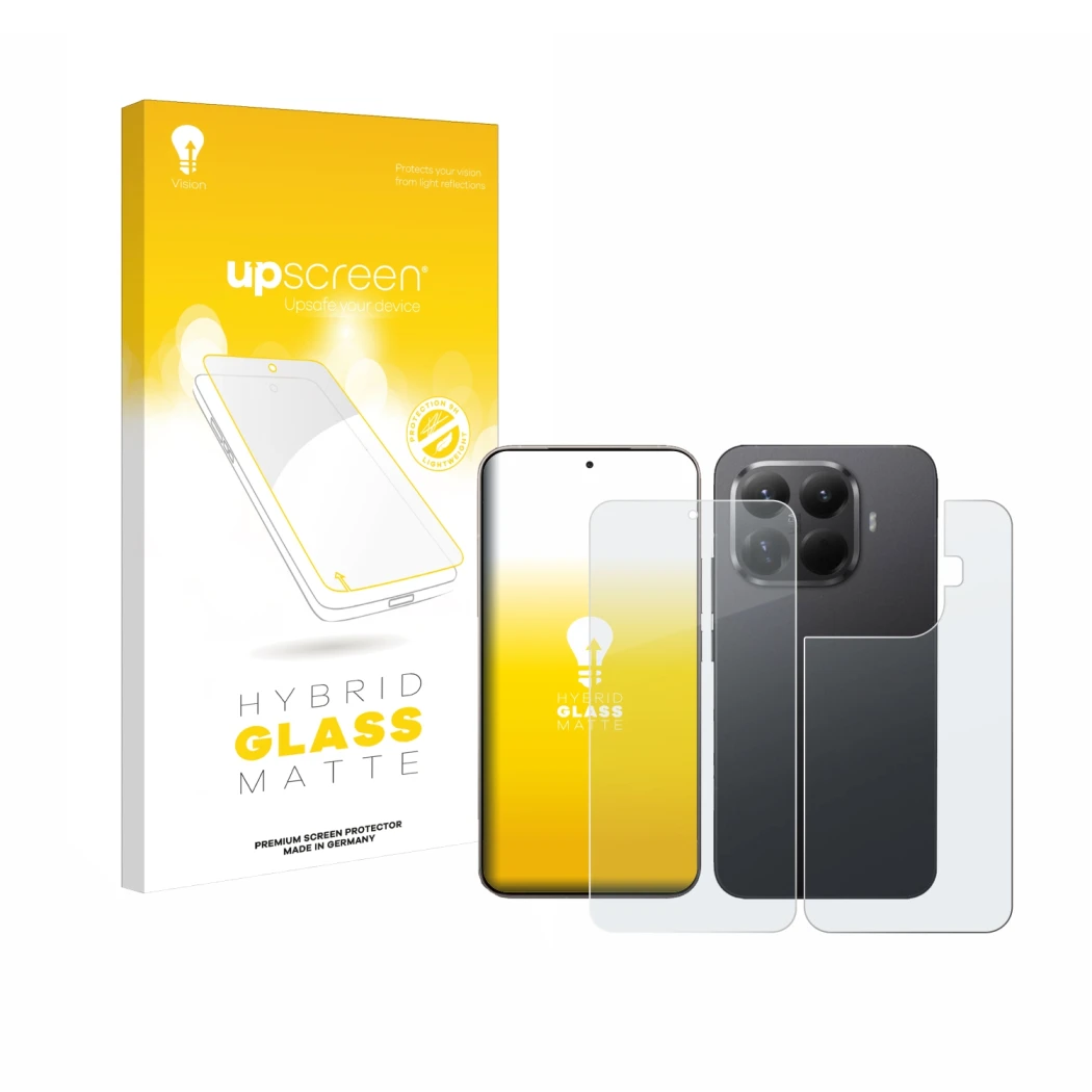 Vorderseite einer Produktverpackung mit dem Markenlogo upscreen. Daneben ist das Gerät Xiaomi 15T Pro (Display+Rückseite) mit 