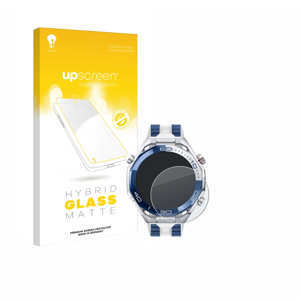 Vorderseite einer Produktverpackung mit dem Markenlogo upscreen. Daneben ist das Gerät Huawei Watch Ultimate 2 Blue mit dem zu