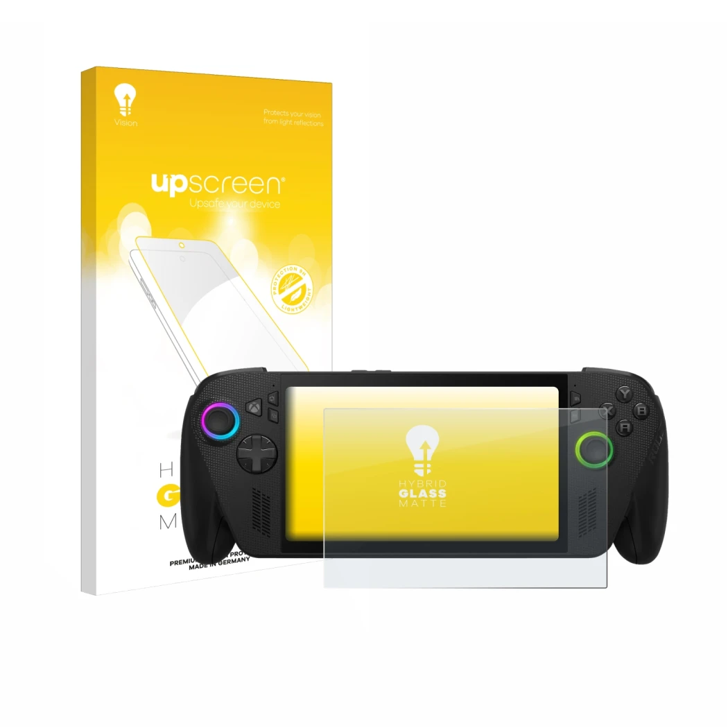 Vorderseite einer Produktverpackung mit dem Markenlogo upscreen. Daneben ist das Gerät ASUS ROG Xbox Ally X mit dem zugehörige