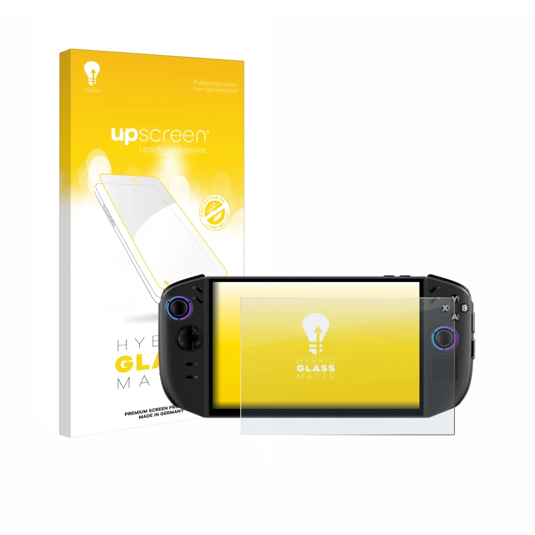 Vorderseite einer Produktverpackung mit dem Markenlogo upscreen. Daneben ist das Gerät Lenovo Legion Go Gen 2 mit dem zugehöri