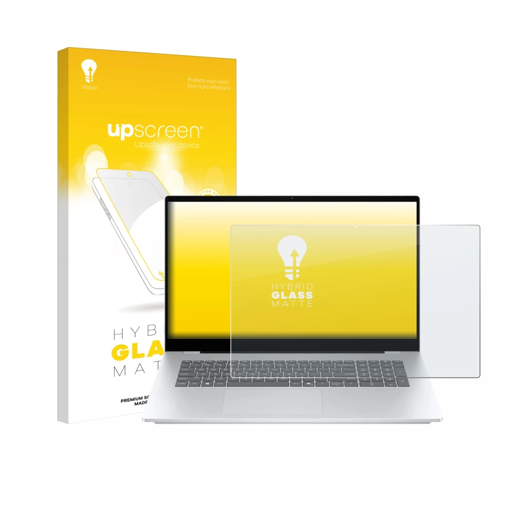 Vorderseite einer Produktverpackung mit dem Markenlogo upscreen. Daneben ist das Gerät HP OmniBook 7 17-dc mit dem zugehörigen