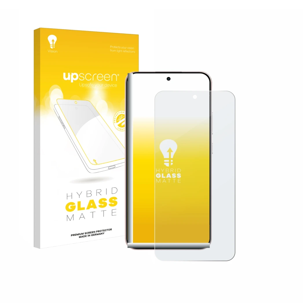 Vorderseite einer Produktverpackung mit dem Markenlogo upscreen. Daneben ist das Gerät Oppo Reno 14 mit dem zugehörigen Displa