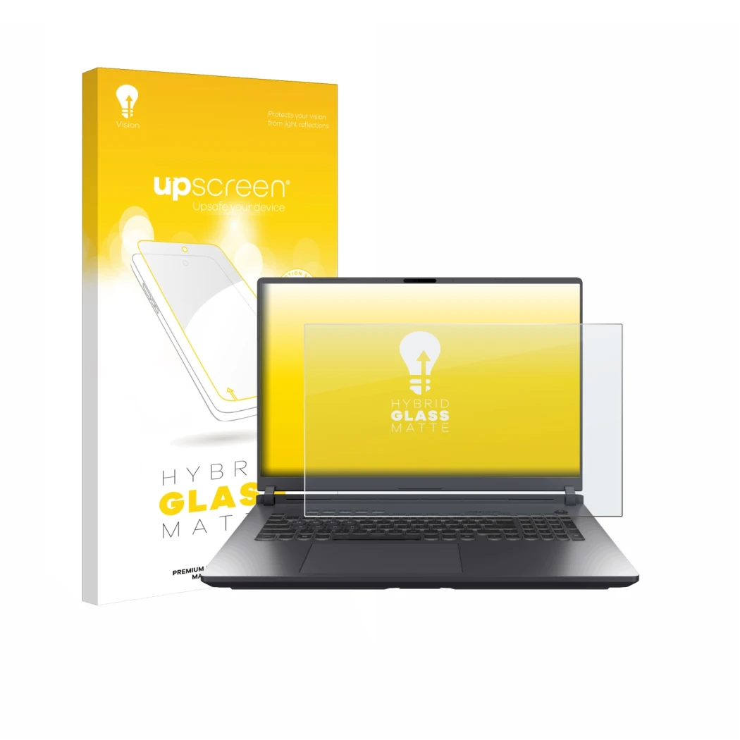 Vorderseite einer Produktverpackung mit dem Markenlogo upscreen. Daneben ist das Gerät ASUS ROG Strix G18 G815 2025 mit dem zu