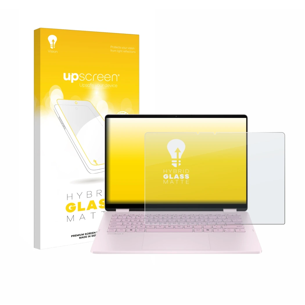 Vorderseite einer Produktverpackung mit dem Markenlogo upscreen. Daneben ist das Gerät HP OmniBook 5 Flip 14 14-fp0153ng mit d