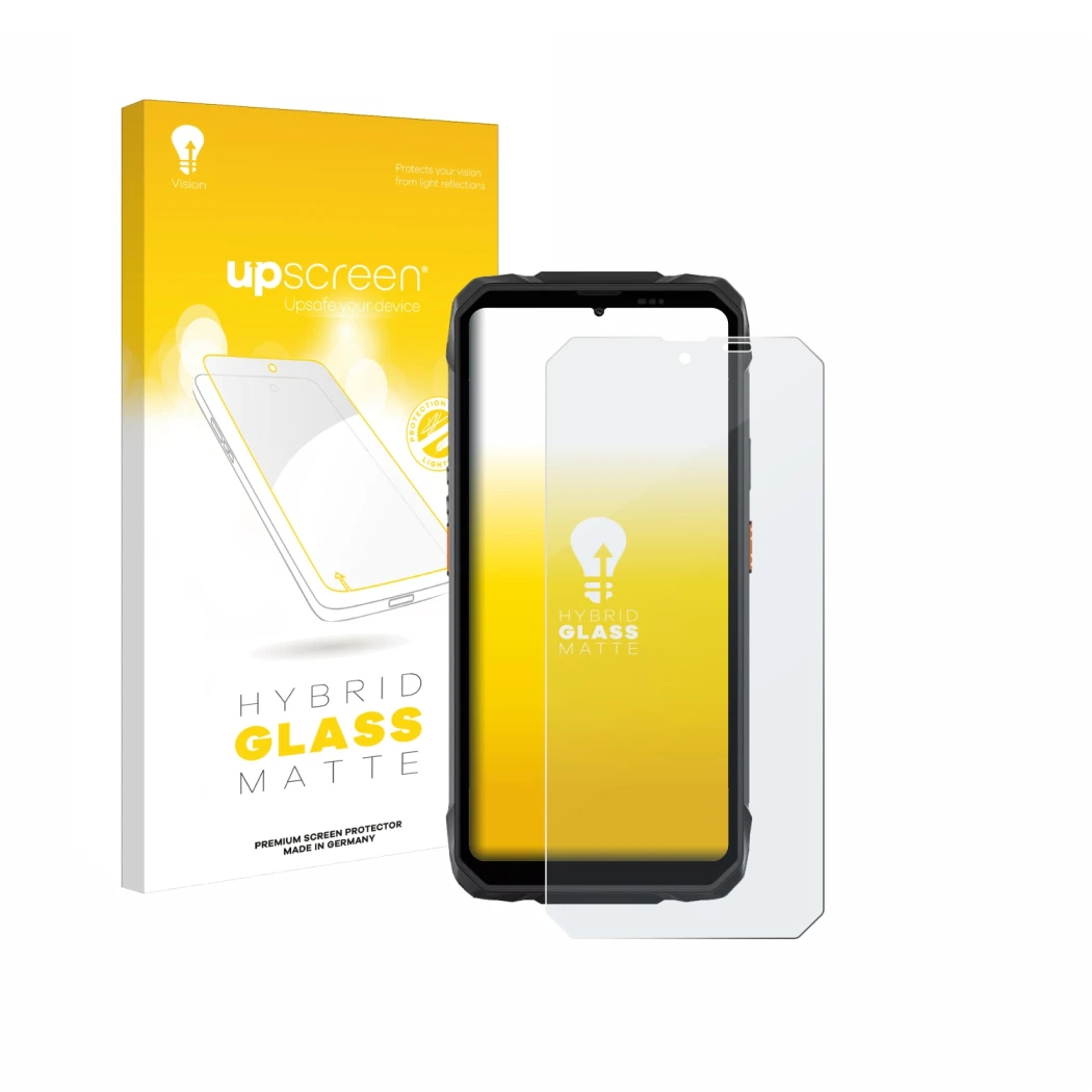 Vorderseite einer Produktverpackung mit dem Markenlogo upscreen. Daneben ist das Gerät Blackview Rock 1 mit dem zugehörigen Di