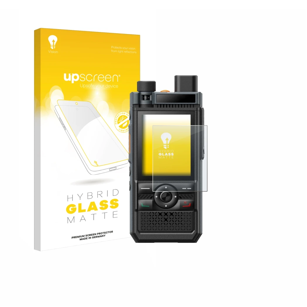 Vorderseite einer Produktverpackung mit dem Markenlogo upscreen. Daneben ist das Gerät Hytera P50 Pro mit dem zugehörigen Disp