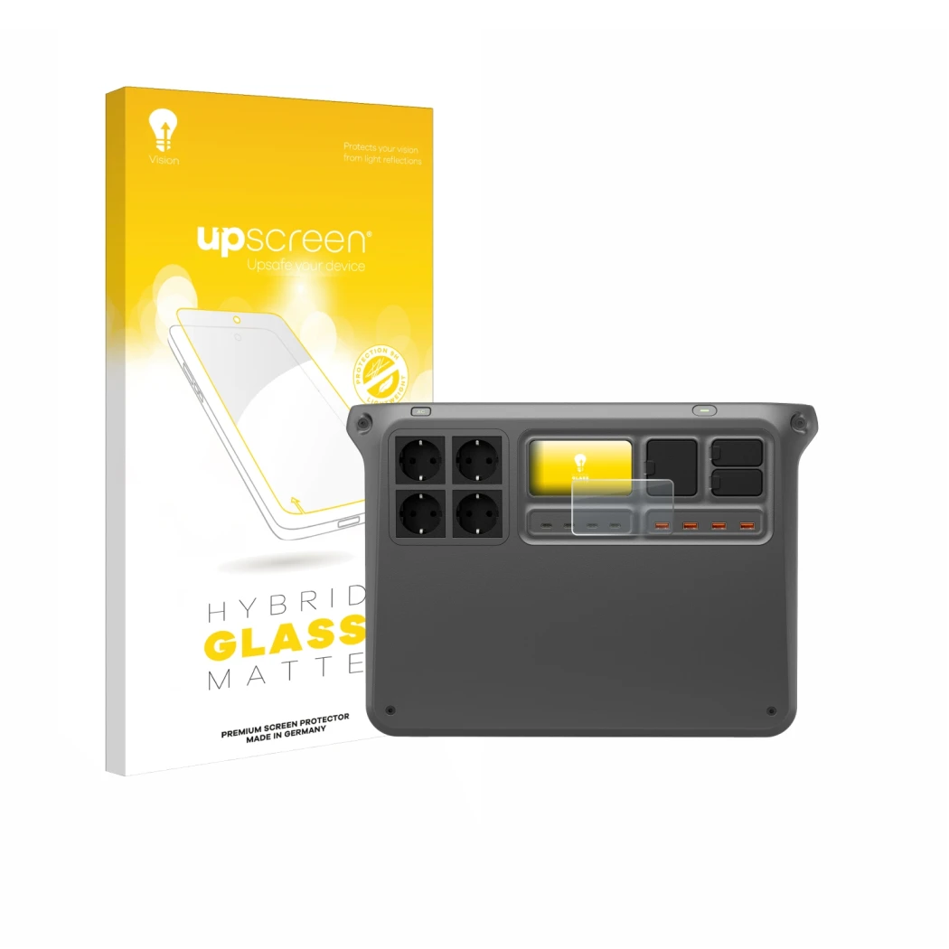 Vorderseite einer Produktverpackung mit dem Markenlogo upscreen. Daneben ist das Gerät DJI Power 2000 mit dem zugehörigen Disp