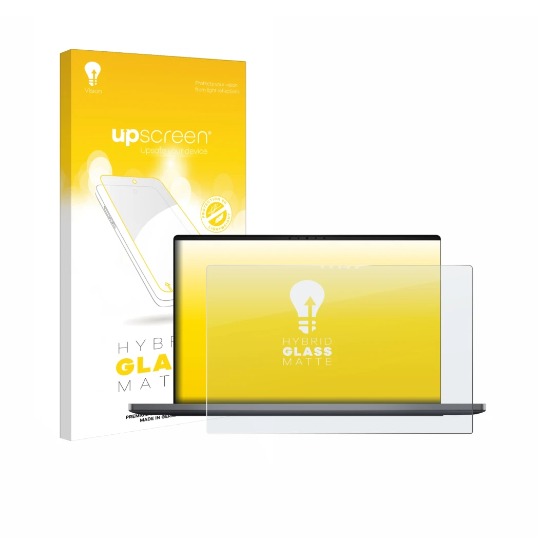 Vorderseite einer Produktverpackung mit dem Markenlogo upscreen. Daneben ist das Gerät Dell XPS 14 DA14260 mit dem zugehörigen