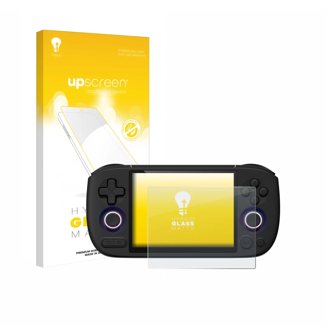 Vorderseite einer Produktverpackung mit dem Markenlogo upscreen. Daneben ist das Gerät Ayaneo Pocket Air Mini mit dem zugehöri