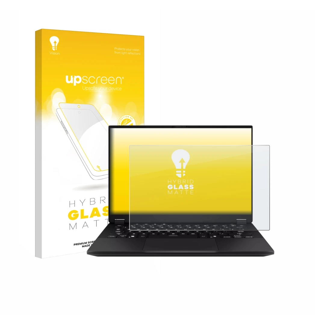 Vorderseite einer Produktverpackung mit dem Markenlogo upscreen. Daneben ist das Gerät ASUS TUF Gaming A14 mit dem zugehörigen