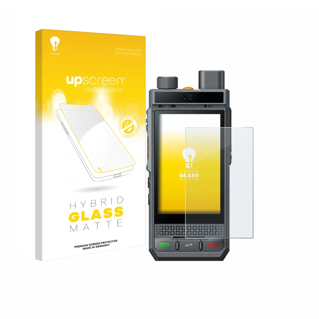 Vorderseite einer Produktverpackung mit dem Markenlogo upscreen. Daneben ist das Gerät Hytera P60 mit dem zugehörigen Displays