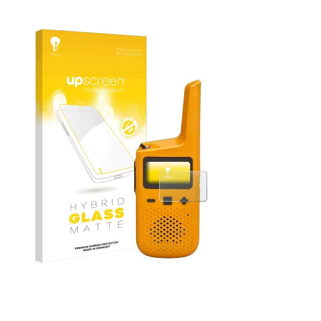 Vorderseite einer Produktverpackung mit dem Markenlogo upscreen. Daneben ist das Gerät Motorola Talkabout T72 mit dem zugehöri