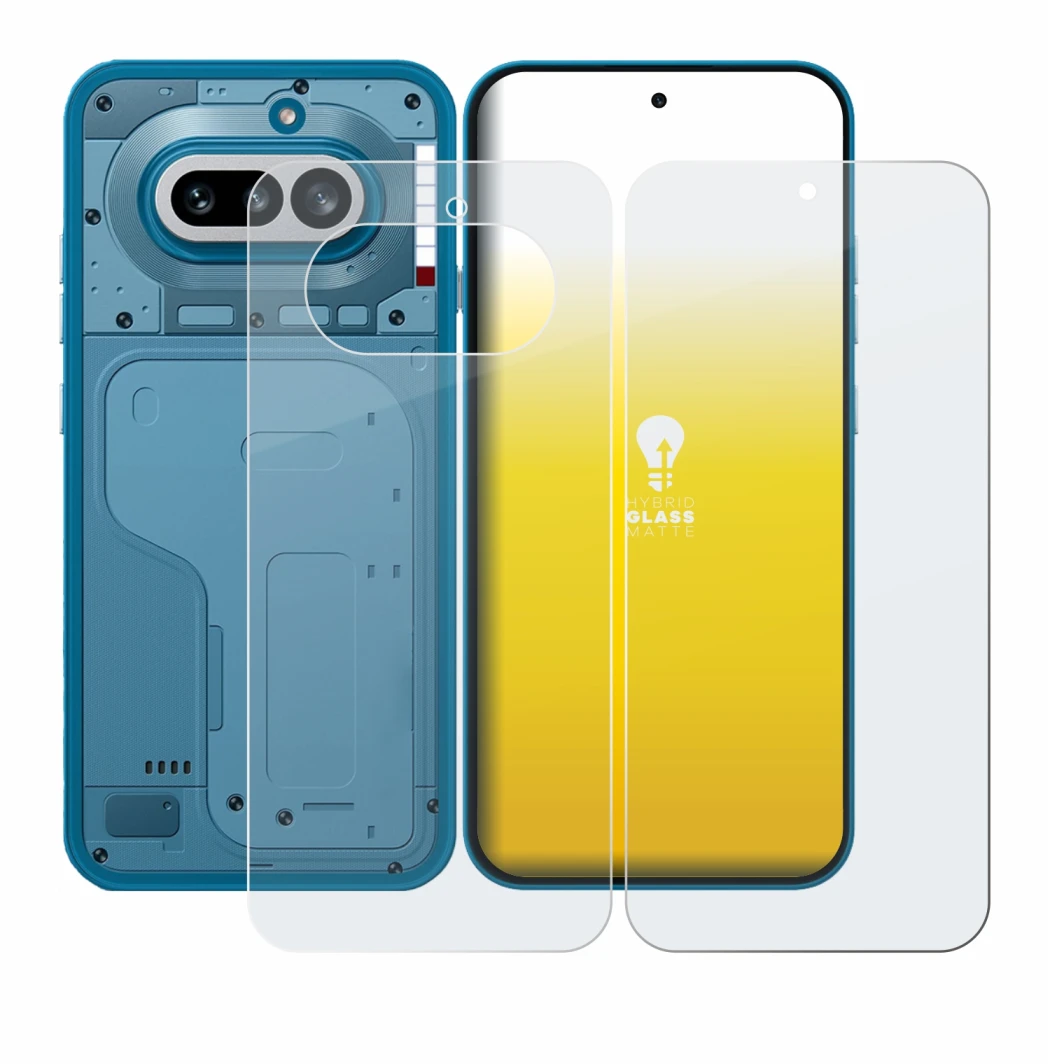 Abbildung des Geräts Nothing Phone (4a) (Display+Rückseite) mit einer Vielzahl des Displayschutzes.