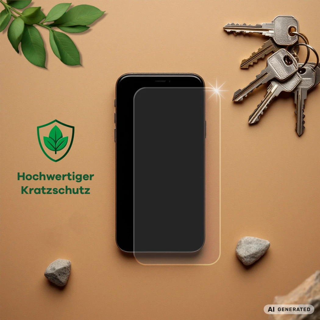 Gerät mit Schutzfolie, daneben Schlüssel, Steine, Blätter und Text „Hochwertiger Kratzschutz“ 
