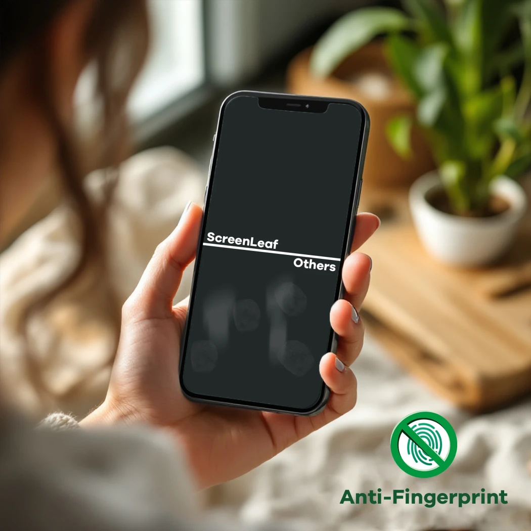 Smartphone mit zwei Schutzfolien, oben ScreenLeaf unten eine Andere. Auf der unteren Folie sind klar Fingerabdrücke erkennbar,