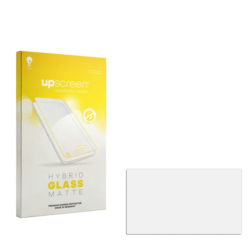 Vorderseite einer Produktverpackung mit dem Markenlogo upscreen. Daneben ist der zugehörige Displayschutz.