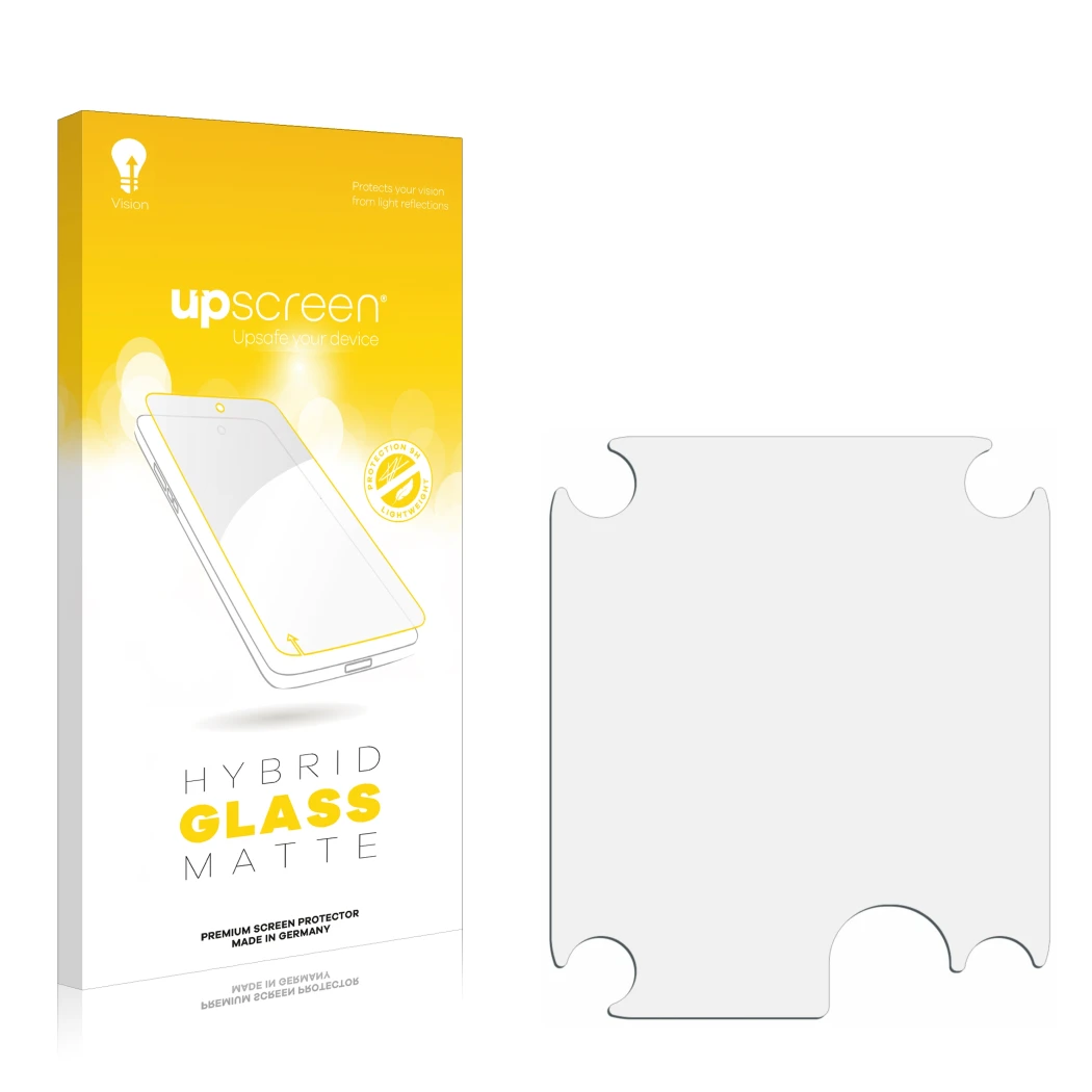 Vorderseite einer Produktverpackung mit dem Markenlogo upscreen. Daneben ist der zugehörige Displayschutz.