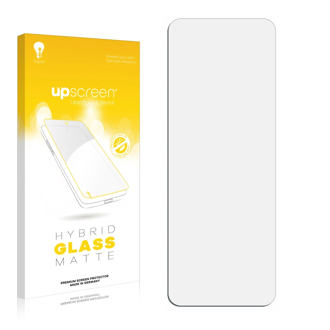 Vorderseite einer Produktverpackung mit dem Markenlogo upscreen. Daneben ist der zugehörige Displayschutz.