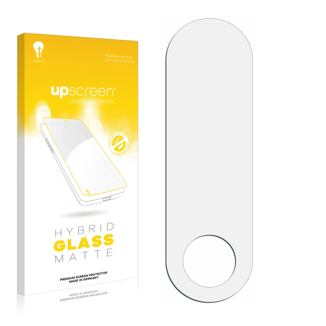 Vorderseite einer Produktverpackung mit dem Markenlogo upscreen. Daneben ist der zugehörige Displayschutz.