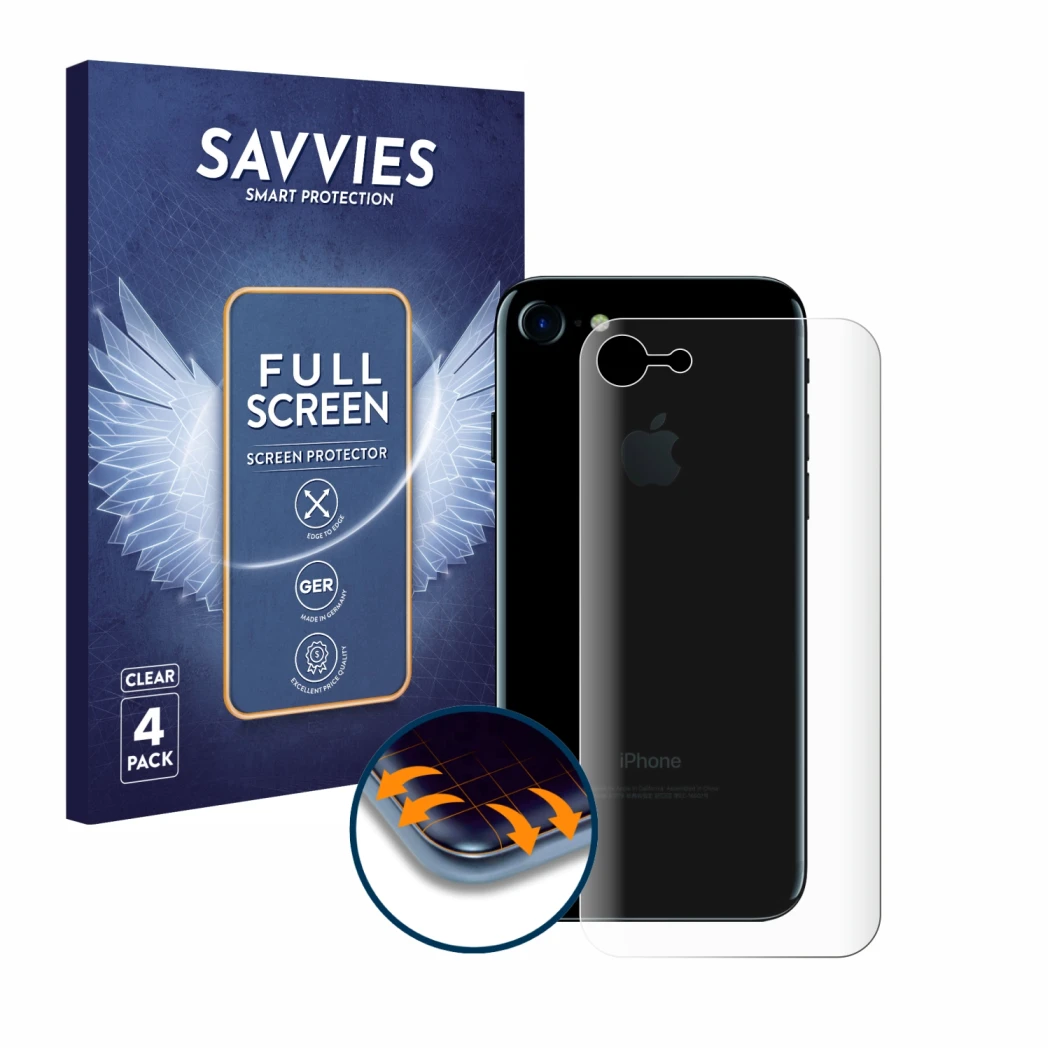 Vorderseite einer Produktverpackung mit dem Markenlogo Savvies. Daneben ist das Gerät Apple iPhone 7 Rückseite (gesamte Fläche