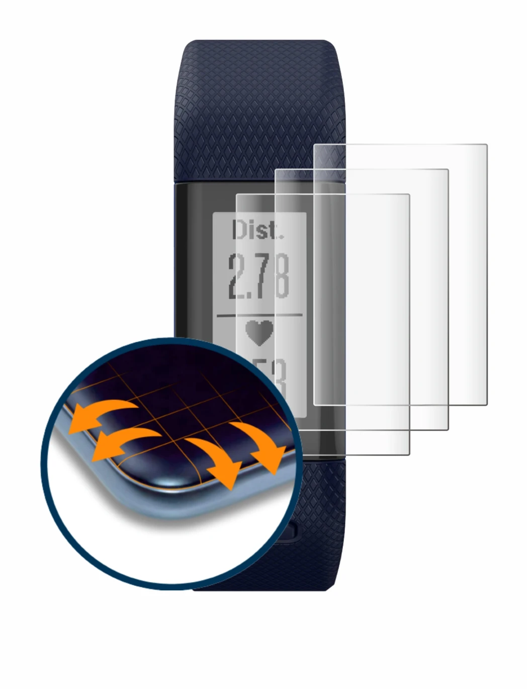 Abbildung des Geräts Garmin Vivosmart HR+ mit einer Vielzahl des Displayschutzes.