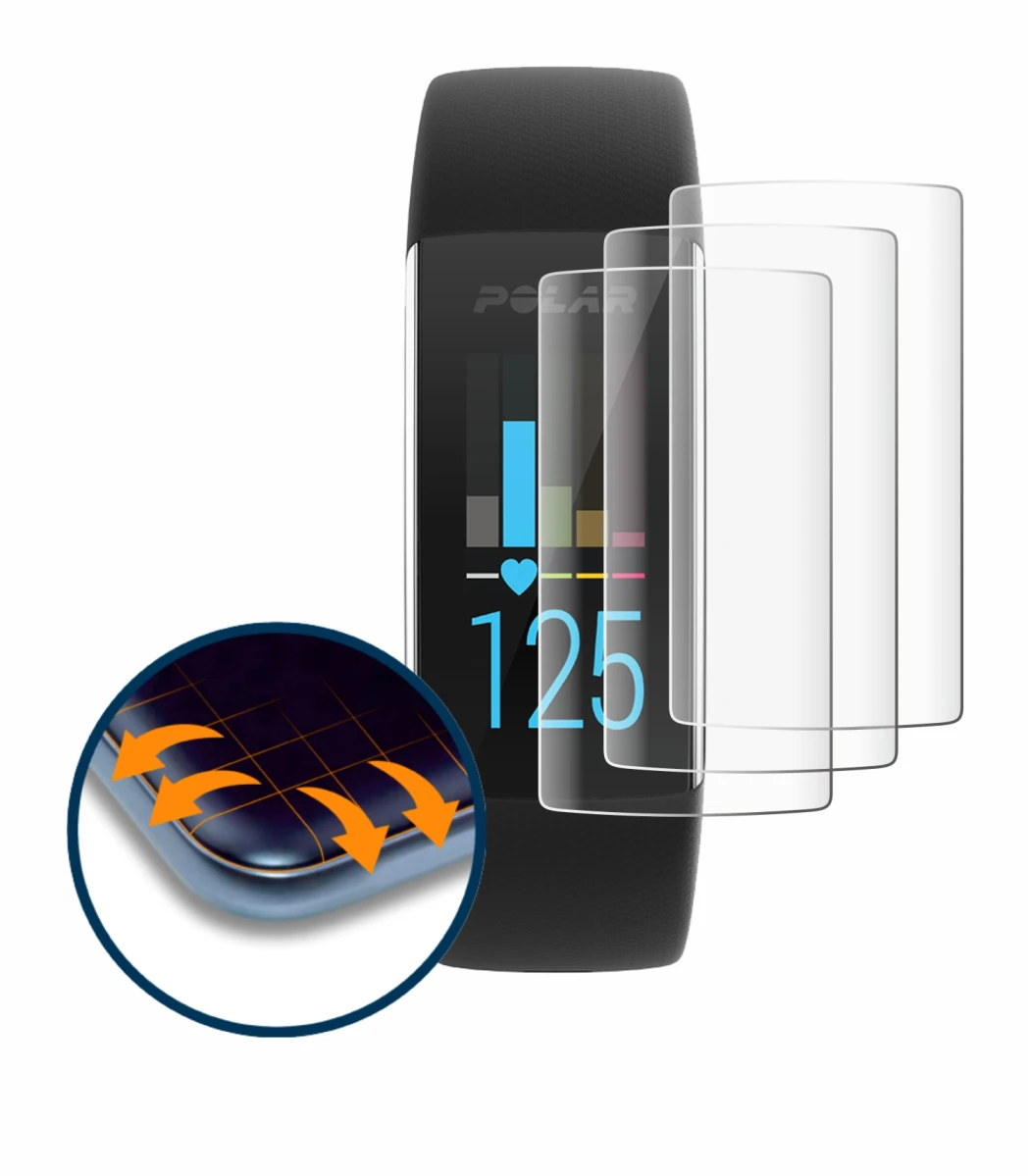 Abbildung des Geräts Polar A370 mit einer Vielzahl des Displayschutzes.
