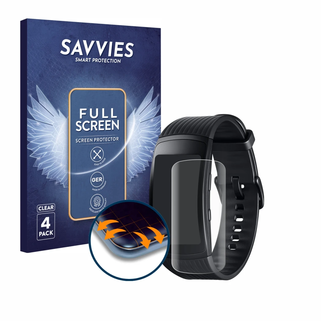 Vorderseite einer Produktverpackung mit dem Markenlogo Savvies. Daneben ist das Gerät Samsung Gear Fit 2 Pro mit dem zugehörig