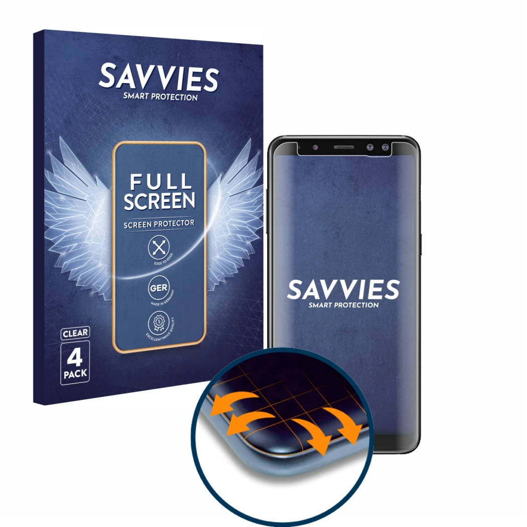 Vorderseite einer Produktverpackung mit dem Markenlogo Savvies. Daneben ist das Gerät Samsung Galaxy A8 2018 mit dem zugehörig