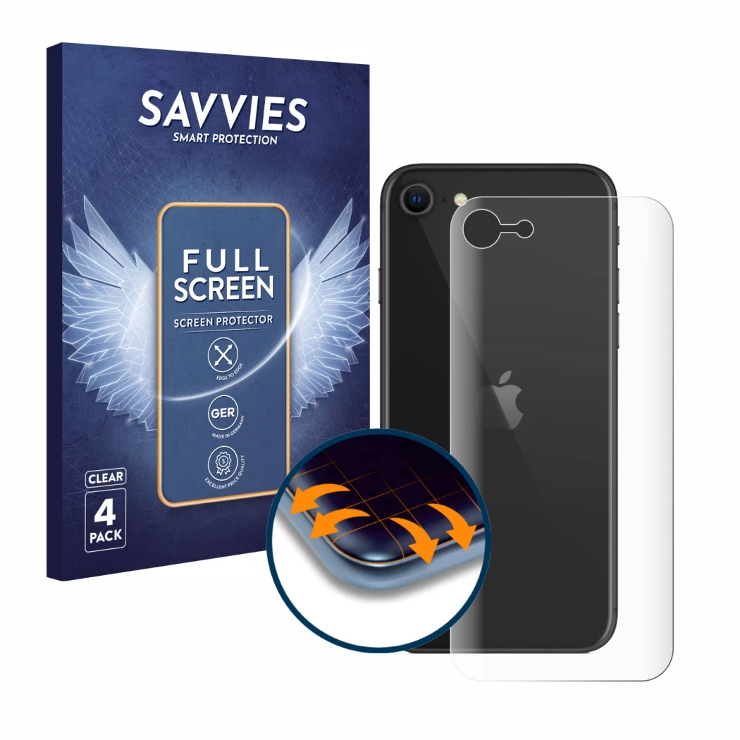 Vorderseite einer Produktverpackung mit dem Markenlogo Savvies. Daneben ist das Gerät Apple iPhone SE 2 2020 (Rückseite) mit d